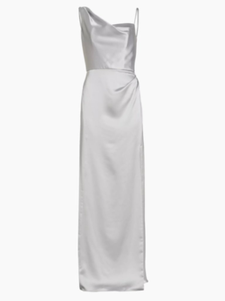 Amsale Draped Satin Gown, Platinum, Size 12 - Perfect For Mob Or Mog